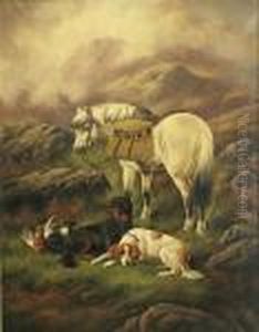 A Horse And Hunting Dogs In A Highland Landscape by John Gifford