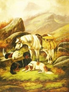 Pony And Dogs With The Day's Bag