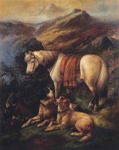 Pony, Gun Dogs And Brace Of Grouse In A Highland Landscape by John Gifford