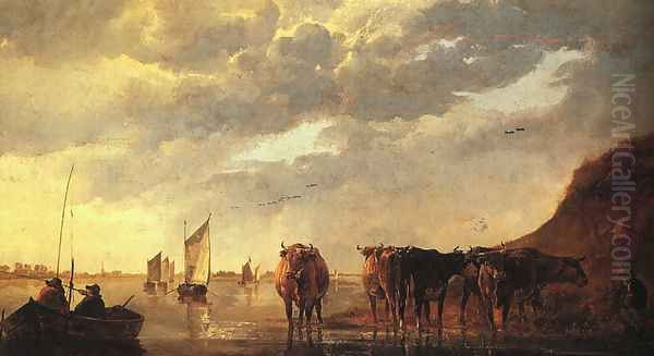 Herdsman with Cows by a River - view 1