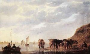 Herdsman with Cows by a River 1650