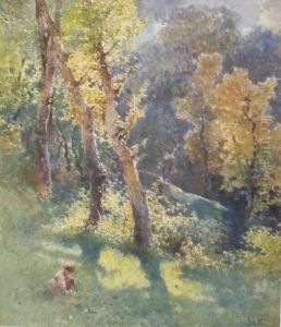 Woman Gathering Flowers In A Wooded Landscape by Eugenio Gignous
