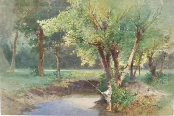 Boy Fishing In A Wooded Landscape - view 1