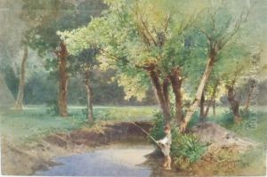 Boy Fishing In A Wooded Landscape by Eugenio Gignous