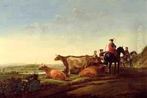 An extensive river landscape with a herdsman pointing the way