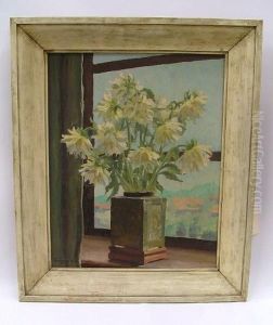 Large White And Yellow Dahlias In Oriental Style Vase