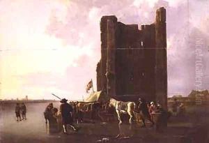 Townsfolk with sleighs on the frozen Maas by the Huis te Merwede
