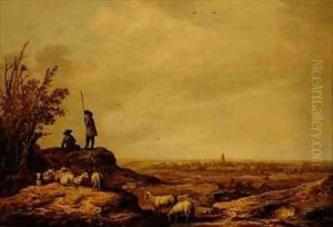 Panoramic Landscape with Shepherds Sheep and a Town Beverwijk in the Distance