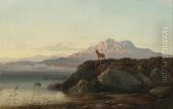 Highland Scene With Deer By A Loch - view 1