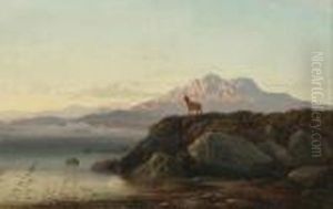 Highland Scene With Deer By A Loch by Arthur Gilbert