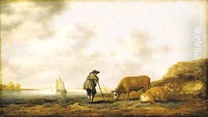 A river landscape with a cowherd resting on his crook, smalschips on a river beyond by Aelbert Cuyp