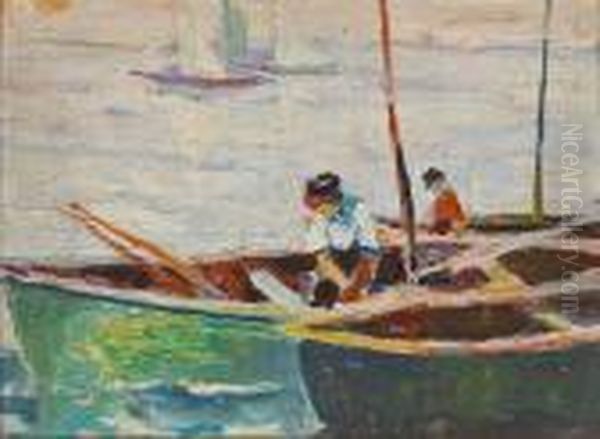 Two Fishermen In Boats With Sailboats Beyond - view 1