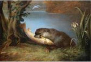 An Otter With A Salmon On The Bank Of A River by James William Giles