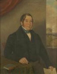 A Gentleman,half Length, Seated,
 Holding A Newspaper, One Arm Resting On Aclothed Table, Cattle In A 
Landscape Beyond Viewed Through A Window