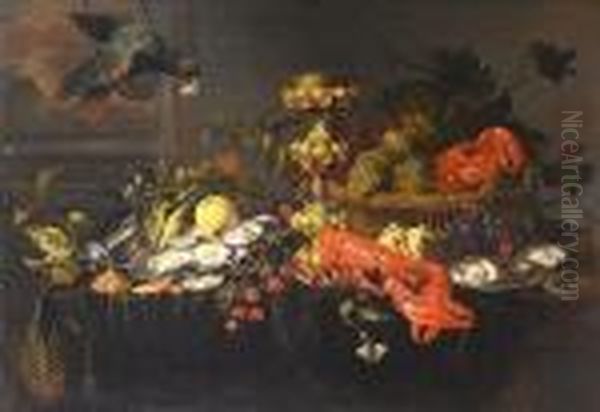 A Parrot Before An Open Window 
With Lobsters, Oysters, Lemons And Cherries With A Basket Of Grapes And A
 Silver Wine Jug On A Draped Table Top - view 1