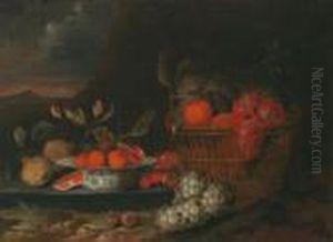 Paesaggio Montagnoso Con Natura 
Morta Con Frutti In Una Coppa Di Porcellana Wan Li Krak E In Un Cestino
