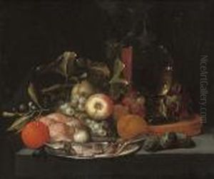 A Herring On A Pewter Platter
With Oranges, Figs, Apples, Grapes, A Loaf Of Bread, A Facon De Venise
Glass And A Roemer On A Stone Ledge by Jan Pauwel Gillemans The Elder