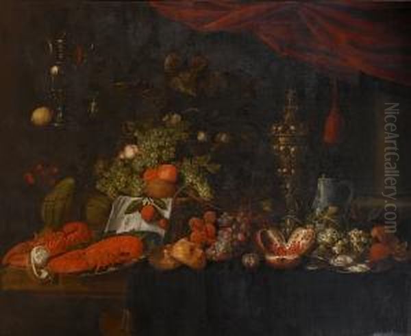 A Still Life Of Pewter Dishes Of
Lobsters And Oysters, A Silver Gilt Covered Cup, Grapes, Pomegranates
And Bread Rolls On A Draped Table, A Basket Of Grapes And Peaches And A - view 1