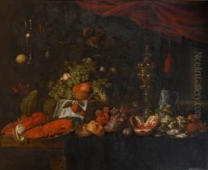 A Still Life Of Pewter Dishes Of
 Lobsters And Oysters, A Silver Gilt Covered Cup, Grapes, Pomegranates 
And Bread Rolls On A Draped Table, A Basket Of Grapes And Peaches And A by Jan Pauwel Gillemans The Elder