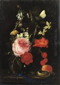 A Rose, An Anemone, A Marigold,
Narcissi And Other Flowers In Aglass Vase With A Brass-cased Watch On A
Blue Key-ribbon On Awooden Table by Jan Pauwel Gillemans The Elder