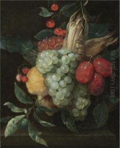 A Still Life With A Festoon Of
Grapes, Plums, Lemons, Cherries, Wild Strawberries And A Corn On The Cob by Jan Pauwel Gillemans The Elder