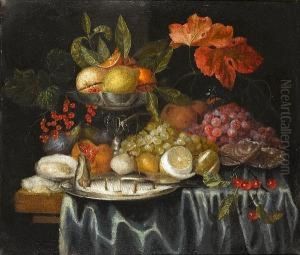 A Still Life Of Oysters, A 
Silver Tazza With Oranges And Lemons, Fish On A Silver Dish And Other 
Fruit On A Table Draped With A Blue Cloth by Jan Pauwel Gillemans The Elder