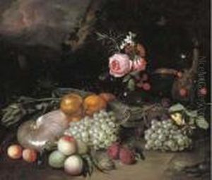 A Nautilus Shell, An Artichoke, 
Oranges, Peaches, Grapes, A Vase With Flowers, Plums And A Bottle In A 
Landscape