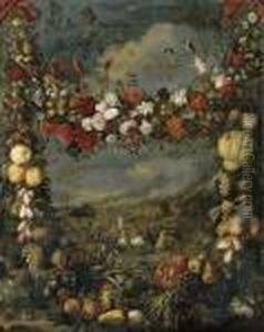 Animals In A Landscape Surrounded By A Garland Of Flowers Animals In A Landscape Surrounded By A Garland Of Flowers