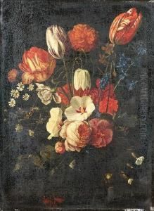 Tulips, A Fritillary, Hyacinths,
 Bluebells, Daisies, Anemones, A Rose And Other Flowers In A Glass 
Vase, With A Red Admiral Butterfly by Jan Pauwel Gillemans The Elder
