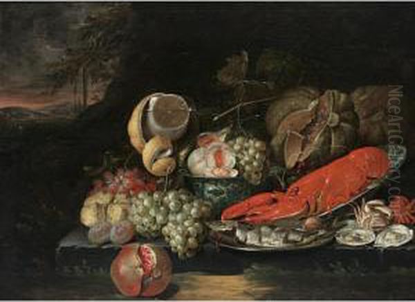A Sumputuous Still Life With A
Lobster In A Wan-li Bowl,a Herring On A Silver Plate, Grapes, Peaches,
And Figs In A Wan-li Bowl, A Lemon In A Roemer, Pumpkins, A Pomegranate,
Together With Oysters And Crabs, All On A Stone Ledge In A Landscape - view 1