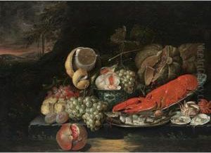 A Sumputuous Still Life With A 
Lobster In A Wan-li Bowl,a Herring On A Silver Plate, Grapes, Peaches, 
And Figs In A Wan-li Bowl, A Lemon In A Roemer, Pumpkins, A Pomegranate,
 Together With Oysters And Crabs, All On A Stone Ledge In A Landscape