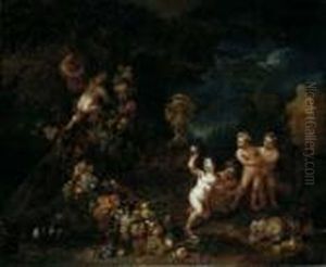 Fruchtestilleben Mit Spielenden Eroten. Im Hintergrund Parklandschaft. Fruchtestilleben Mit Spielenden Eroten. Im Hintergrund Parklandschaft.