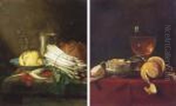 Asparagus, Cherries, Bread, 
Butter In A Chinese Blue And White'kraak' Porcelain Bowl And A Silver 
Beaker On A Stone Ledge - view 1