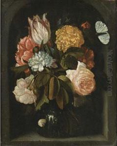 A Still Life With Roses, A
Tulip, Carnations, A Peony And Other Flowers, All In A Glass Vase, With A
Snail And A Butterfly, In A Stone Niche by Jan Pauwel Gillemans The Elder