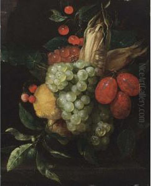 A Still Life With A Bunch Of
White And Black Grapes, Prunes, Lemons, Corn, Cherries And Strawberries
Hanging Above A Stone Ledge - view 1