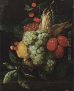 A Still Life With A Bunch Of 
White And Black Grapes, Prunes, Lemons, Corn, Cherries And Strawberries 
Hanging Above A Stone Ledge