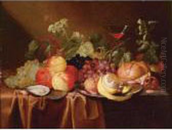 Still Life Of Peaches, Grapes, A
Peeled Lemon, An Oyster, A Bread Roll And A Glass Of Wine, All On A
Draped Table - view 1