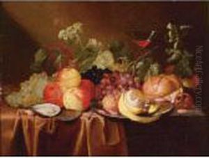 Still Life Of Peaches, Grapes, A
Peeled Lemon, An Oyster, A Bread Roll And A Glass Of Wine, All On A
Draped Table by Jan Pauwel Gillemans The Elder