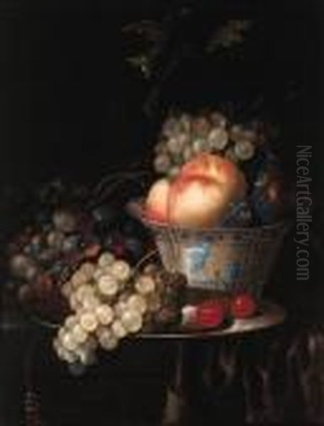 Peaches, Plums And Grapes In A
Wan Li Kraak Porselein Bowl, Withgrapes And Cherries On A Pewter Plate,
On A Draped Ledge - view 1