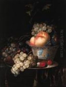 Peaches, Plums And Grapes In A
Wan Li Kraak Porselein Bowl, Withgrapes And Cherries On A Pewter Plate,
On A Draped Ledge by Jan Pauwel Gillemans The Elder