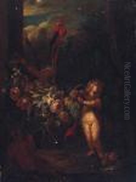 Putti Holding A Swag Of Fruit And Flowers By A Parrot - view 1
