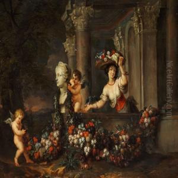 A Young Lady With A Flower Basket In A Classical Architectural Fantasy - view 1