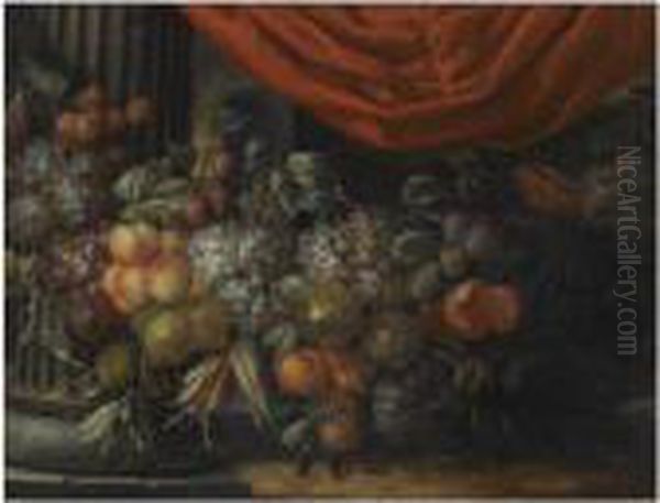 A Garland Of Blue And White
Grapes, Peaches, Oranges, Lemons Andprunes, Figs, Corn And Chestnuts, In
A Landscape Near A Classicalcolumn - view 1