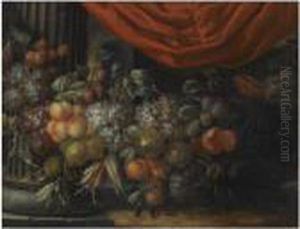 A Garland Of Blue And White 
Grapes, Peaches, Oranges, Lemons Andprunes, Figs, Corn And Chestnuts, In
 A Landscape Near A Classicalcolumn