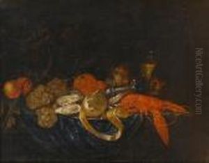 A Pewter Dish Of Oysters, 
Lobster And A Peeledlemon On A Draped Table With Grapes, Oranges And A by Jan Pauwel Ii Gillemans
