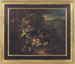 Grapes, Pumpkins, Melons And 
Other Fruit, A Parrot And Twoguinea-pigs In An Italianate Landscape
