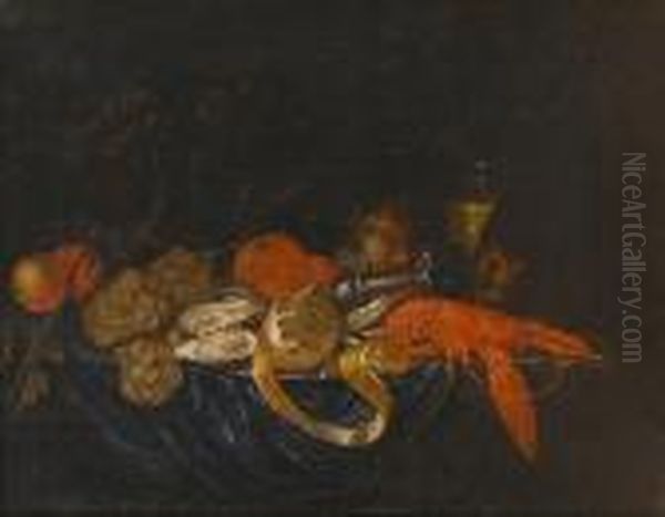 A Pewter Dish Of Oysters, 
Lobster And A Peeled Lemon On A Draped Table With Grapes, Oranges And A 
Roemer
 Of White Wine - view 1