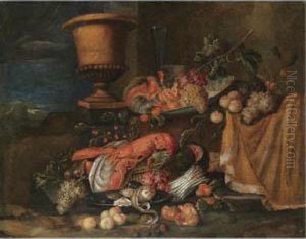 A Still Life With A Lobster
Together With Grapes, Melons, Figs Pommegranates And Various Other
Fruits, Together With An Urn And Various Bowls In A Landscape - view 1