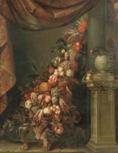 Festone Di Frutta Con Tendaggio E Vasellame In Argento