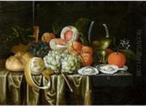 Still Life With A Roemer, 
Oysters, Oranges, Grapes, Apricots, A Peach, A Bun And A Lemon Together 
On A Stone Ledge Draped With A Cloth by Jan Pauwel Ii Gillemans